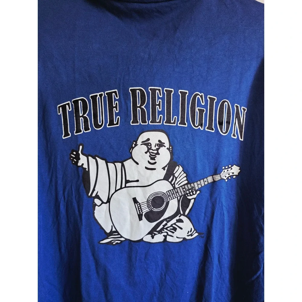 True Religion Mens 2XL Blue Buddha Guitar Graphic Short Sleeve Polo Shirt